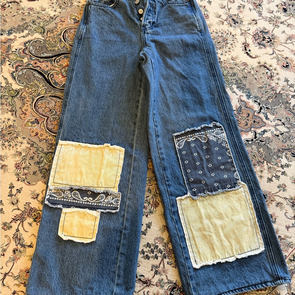 PacSun Blue and Yellow Patchwork Flare Jeans